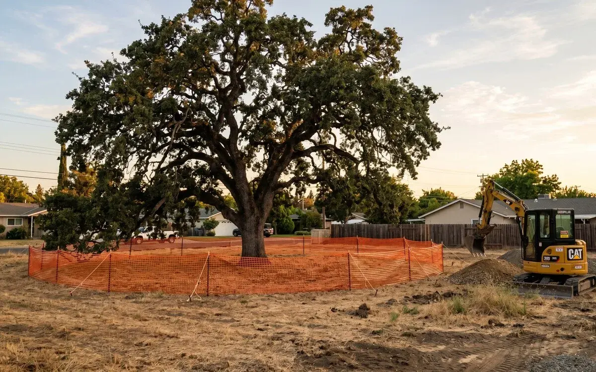 Mature California valley oak on a Sacramento-region suburban lot surrounded by tall orange plastic tree-protection construction fencing forming a circular exclusion zone around the trunk and dripline, with a CAT yellow mini-excavator working at a respectful distance outside the fence on dry brown grass