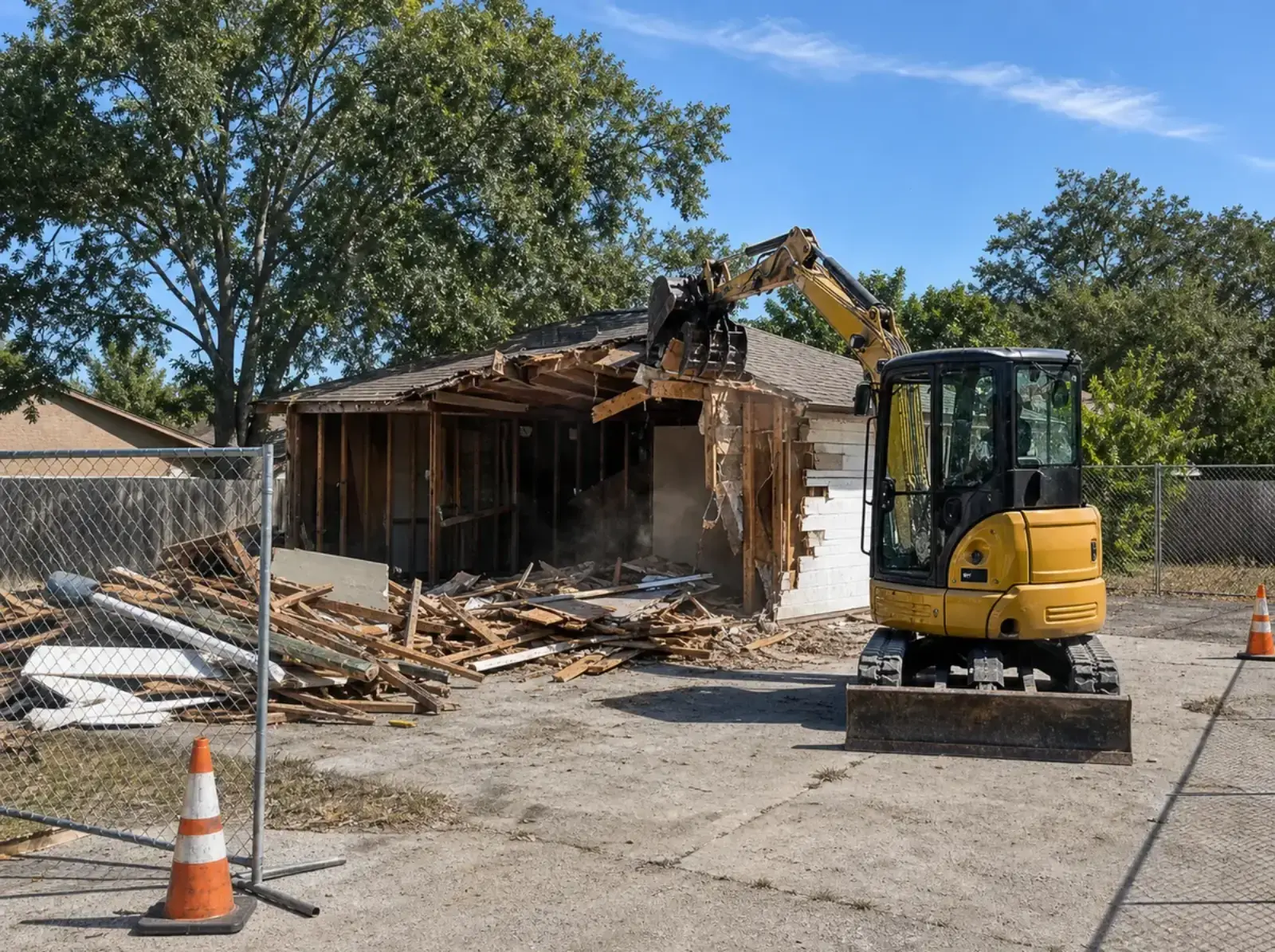 Compact excavator positioned outside a detached garage while pulling down roof framing during structure demolition.