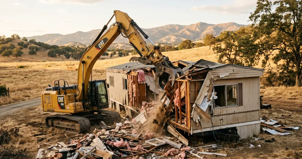 Yellow CAT excavator with a demolition grapple tearing apart an old single-wide mobile home on a rural Sacramento-region foothill lot, exposed wall framing and pink insulation, broken debris pile in the foreground, dry golden grass and golden Sierra foothills behind at golden hour
