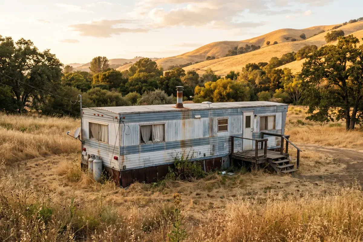 Old weathered 1970s-era single-wide mobile home with faded streaked aluminum siding and a small wooden porch sitting on a dry golden-grass rural lot in the Sacramento foothills, oak trees and golden hills behind it at sunset, no people