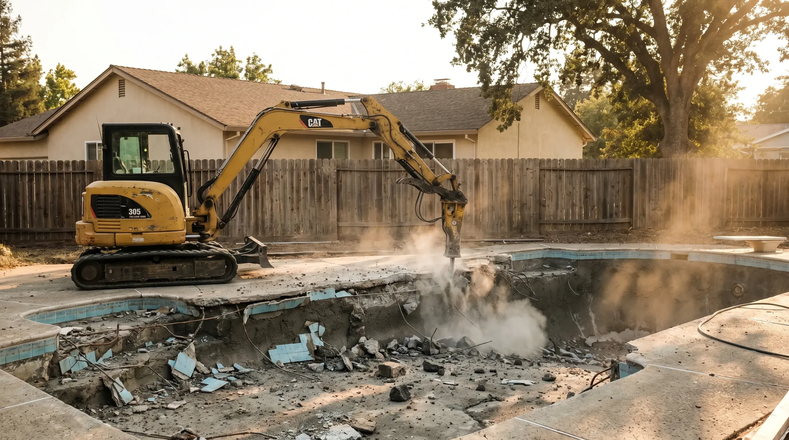 Yellow CAT mini excavator with a hydraulic breaker demolishing the gunite shell of a residential swimming pool in a suburban Sacramento backyard, broken concrete and exposed rebar across the drained pool floor