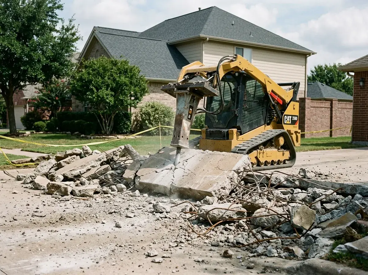 Skid steer with hydraulic breaker removing concrete slab debris with exposed rebar.