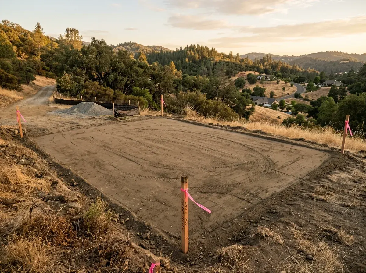 Finished graded building pad ready for ADU construction with survey stakes.