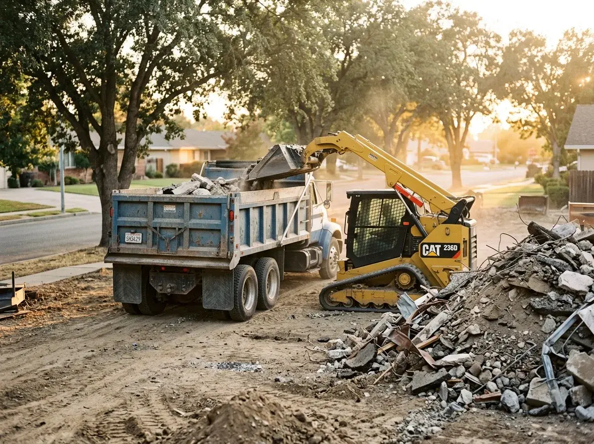 Dump truck being loaded with demolition debris by a skid steer loader on a contractor jobsite.