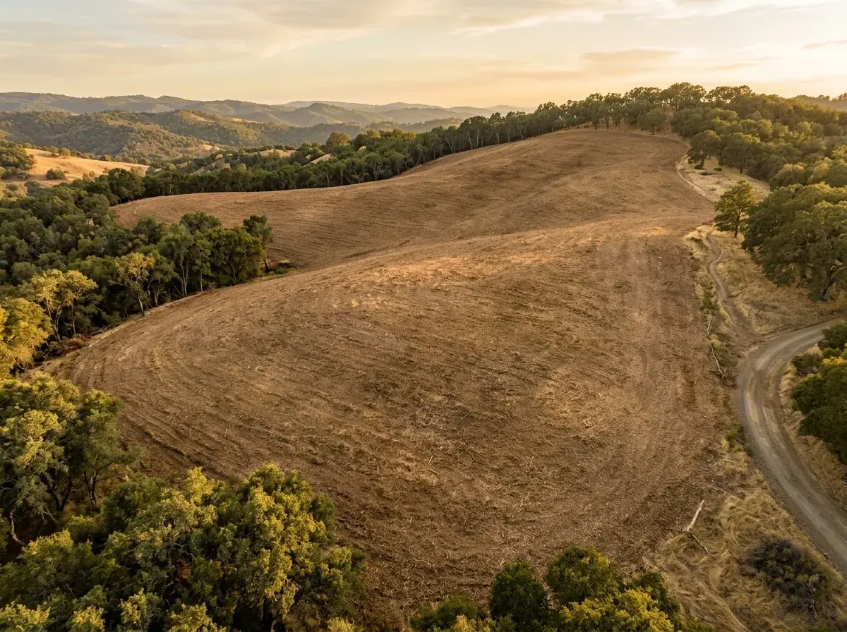 Aerial view of cleared rural acreage after forestry mulching with oak trees preserved.
