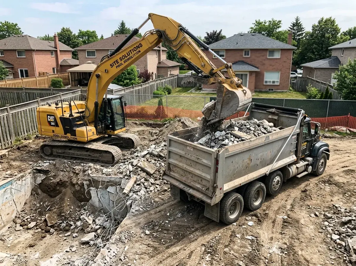Crushed concrete pool shell debris being loaded into a dump truck at the end of a pool demolition project.