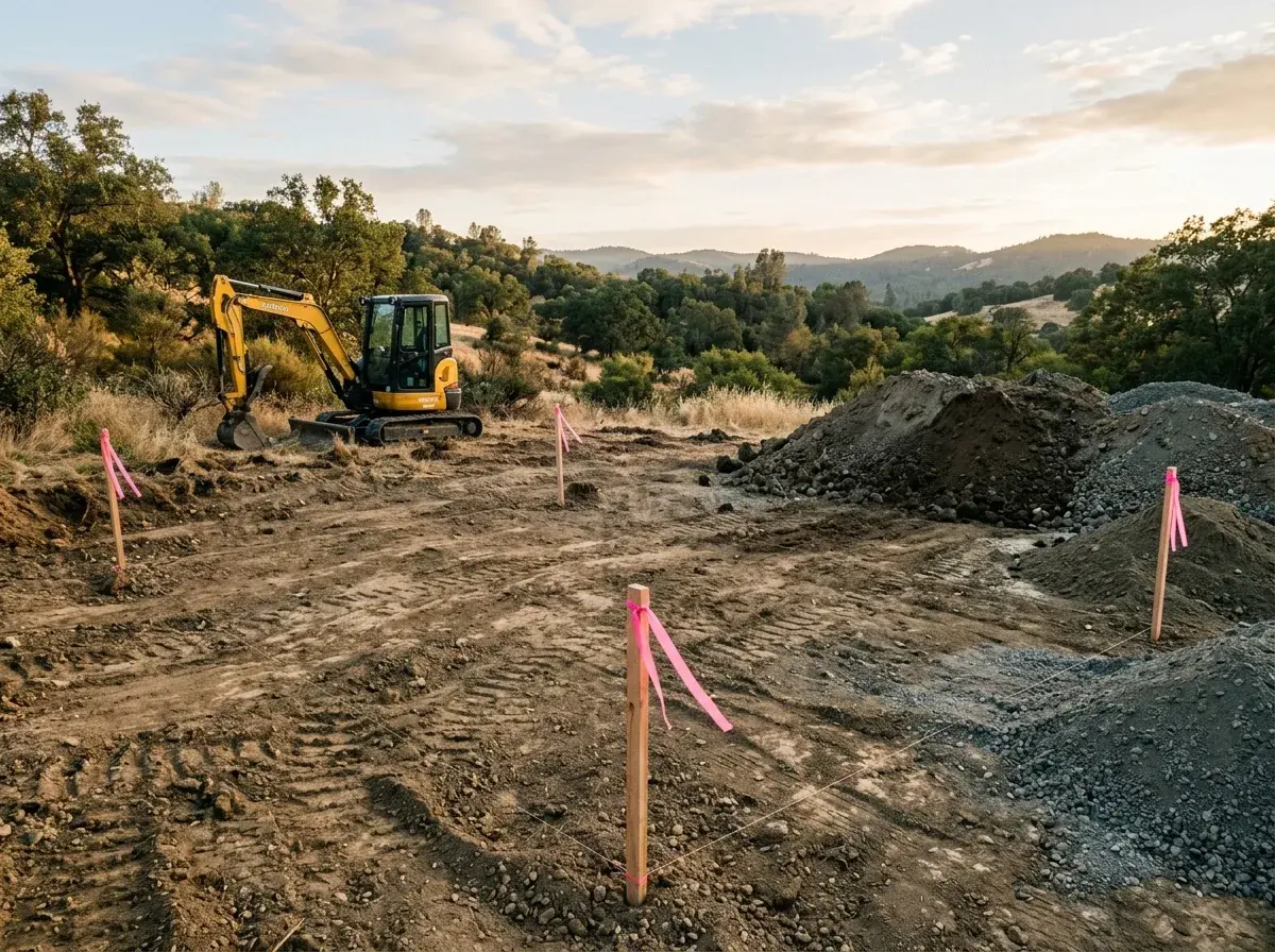 Cleared and graded residential building site ready for construction with layout stakes and gravel piles.