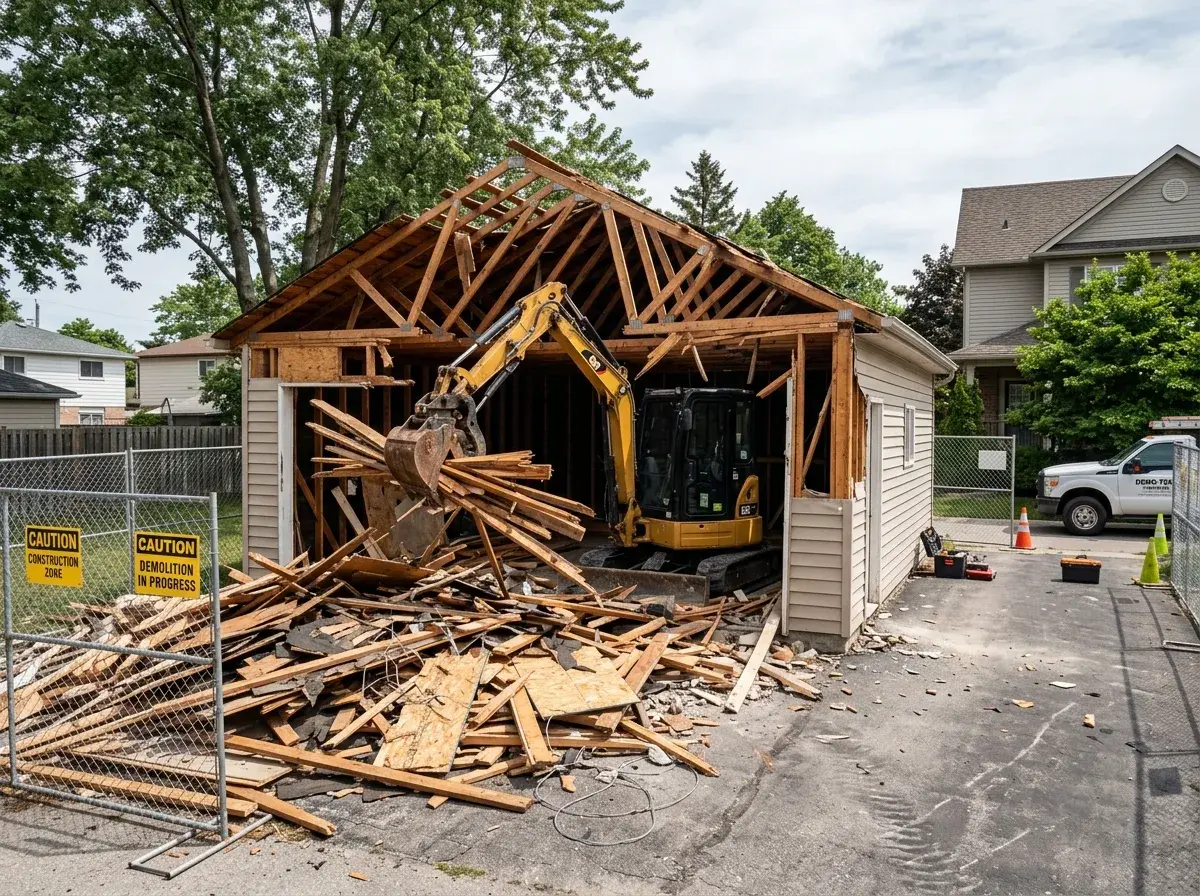 Detached garage mid-demolition with roof removed and framing partially down.