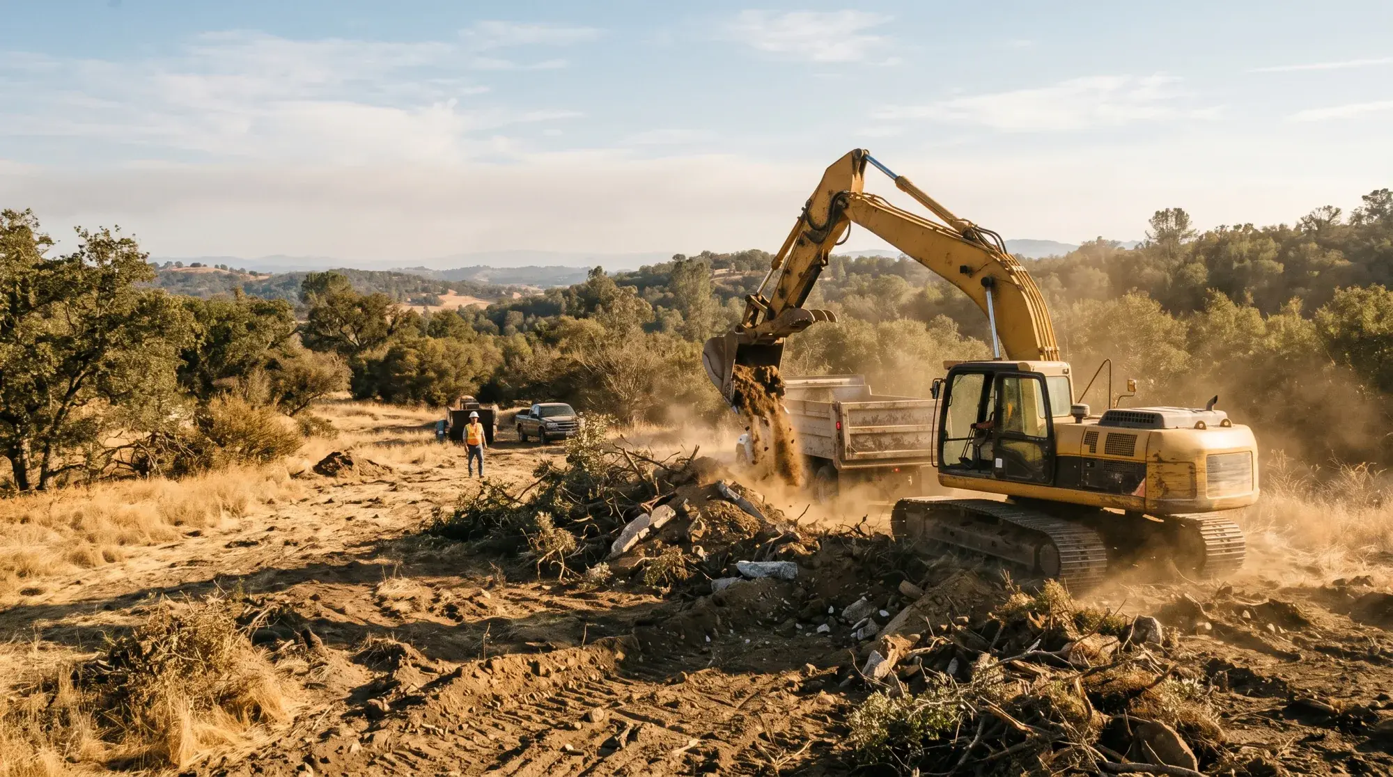 Excavator clearing brush and loading debris on a Northern California foothill jobsite at golden hour.