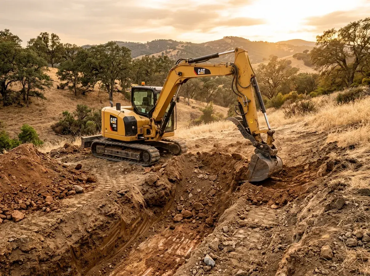 Mid-size excavator digging a foundation trench on a Northern California foothill property at golden hour.