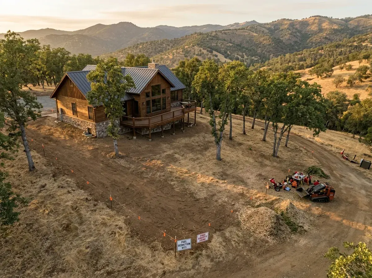 Cleared defensible space perimeter around a Northern California foothill home with thinned oak trees.
