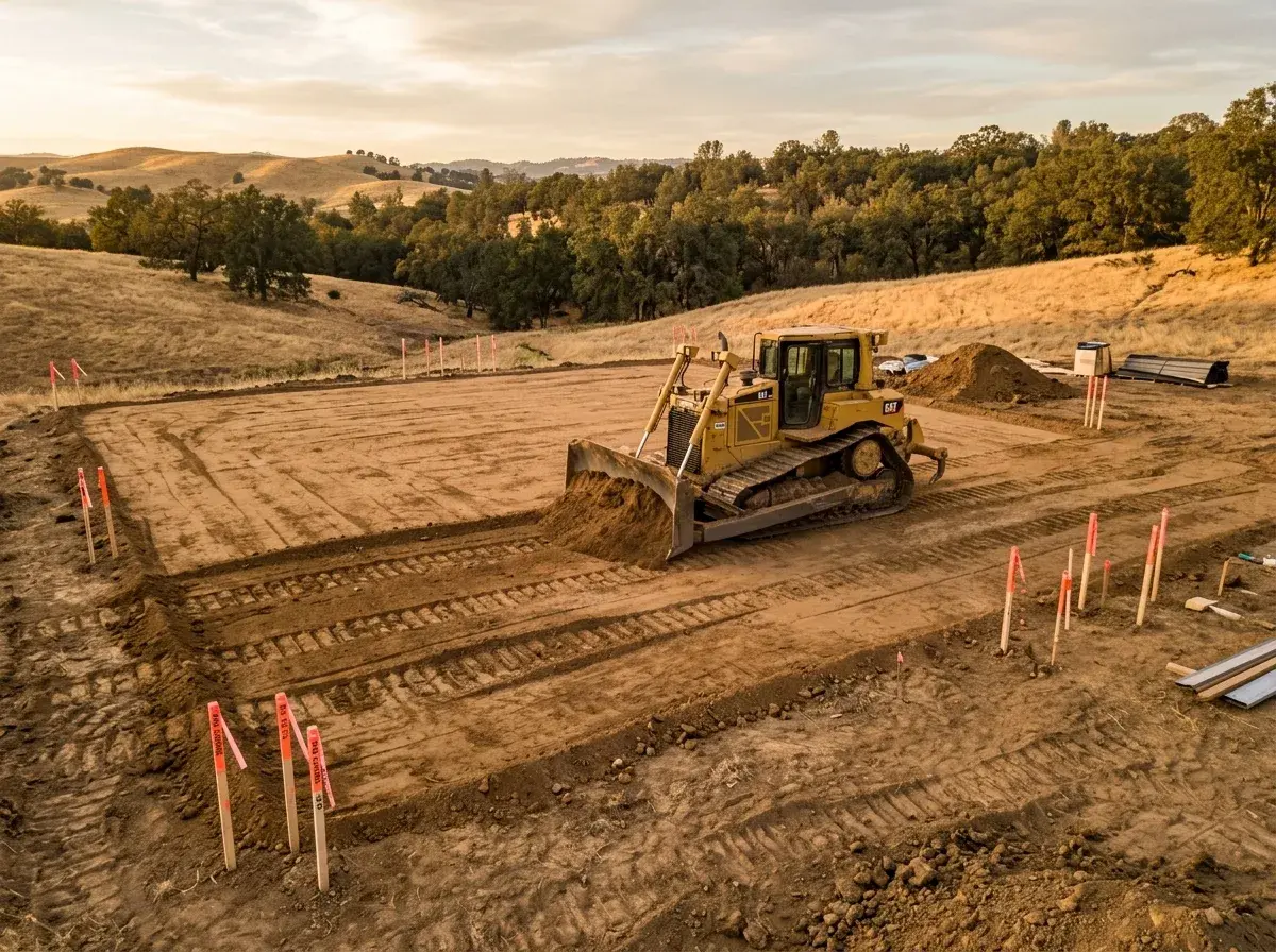 Bulldozer doing rough grading on a residential building pad with surveyor stakes visible.