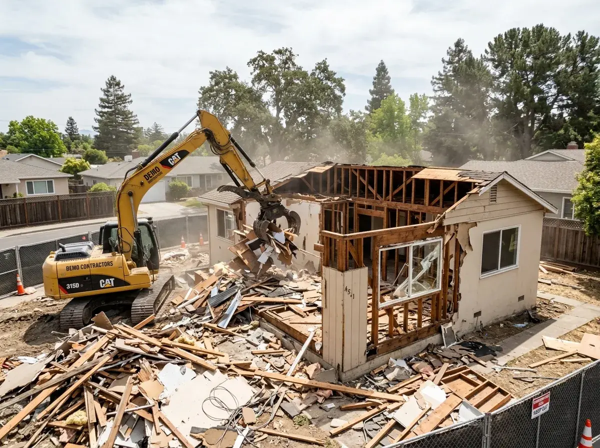 Single-story ranch house mid-demolition with exposed framing and an excavator with grapple attachment.