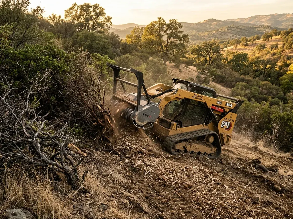 Skid steer with forestry mulcher attachment clearing brush on a sloped foothill property.