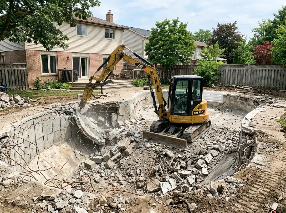 Mini excavator demolishing a residential backyard swimming pool with broken concrete visible.